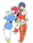  2girls amate_yuzuriha amuro_ray amuro_ray_(cosplay) aqua_eyes belt black_hair blue_jacket breasts char_aznable char_aznable_(cosplay) closed_mouth cosplay epaulettes gloves gundam gundam_gquuuuuux helmet highres jacket long_hair long_sleeves looking_at_viewer mask military military_uniform mobile_suit_gundam multiple_girls mwoham27313 nyaan_(gundam_gquuuuuux) pants red_hair red_jacket short_hair simple_background white_background white_gloves white_pants yellow_eyes zeon 