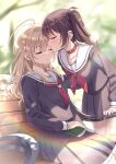  2girls black_nails black_serafuku black_shirt black_skirt book book_on_lap brown_hair closed_eyes collar commentary_request day ear_piercing hand_on_another's_shoulder kiss kissing_forehead lens_flare long_hair multiple_girls neckerchief original outdoors parted_lips piercing pleated_skirt red_collar red_neckerchief sailor_collar school_uniform serafuku shirt skirt sumisaki_yuzuna thighhighs twintails twitter_username white_sailor_collar white_thighhighs yuri 