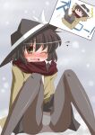  1girl :3 black_hat black_pantyhose black_skirt blush bow brown_eyes brown_shoes cameltoe chibi chibi_inset coat commentary_request fang hair_bow hat hat_bow kikkawa_(citrus_fruits) one_eye_closed open_mouth panties pantyhose pantyshot red_scarf scarf shoes sitting skirt slipping snowing solo sweater touhou translation_request trench_coat underwear usami_renko white_bow white_panties white_sweater yellow_coat 