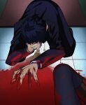  1boy 1girl arcueid_brunestud black_hair black_pantyhose blood blood_on_clothes blood_on_hand blue_jacket blue_pants boots brown_boots brown_shoes covering_own_mouth dismemberment exa_(koyuru) gakuran hand_on_own_face highres indoors jacket legs on_floor outstretched_arm outstretched_hand pants pantyhose pool_of_blood protected_link scene_reference school_uniform shoes souya_high_school_uniform spoilers tohno_shiki tsukihime tsukihime_(remake) vomit vomiting 