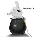  2026 ambiguous_gender black_eyes cauldron chest_tuft digital_drawing_(artwork) digital_media_(artwork) english_text feral floppy_ears fluffy front_view frown fur getting_over_it_with_bennett_foddy hammer heterochromia hi_res kemo_ka_nya lagomorph leporid looking_at_viewer mammal one_ear_up quadruped rabbit simple_background solo text tools tuft white_background white_body white_eyes white_fur 