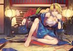  arm_support bare_shoulders barefoot blonde_hair breasts chain chin_rest cleavage collarbone cuffs floral_print full_body highres horn hoshiguma_yuugi indoors japanese_clothes kimono kyousoku lamp large_breasts long_hair looking_at_viewer obi parted_lips red_eyes sarashi sash sitting solo tatami touhou uu_uu_zan 