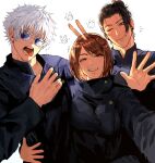  arms_around_another's_waist black_hair black_jacket blue_eyes brown_hair bunny_ears_prank cigarette commentary doodle_inset earrings english_commentary f_tality0 geto_suguru gojo_satoru hair_between_eyes high_collar highres ieiri_shoko jacket jewelry jujutsu_kaisen jujutsu_tech_uniform looking_at_viewer medium_hair mole mole_under_eye one_eye_closed rabbit round_eyewear short_hair simple_background stud_earrings sunglasses teeth tongue tongue_out waving white_background white_hair 