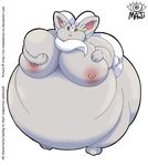 2012 anthro anthrofied areola belly big_belly big_breasts big_butt biped breasts butt chinchilla cinccino female fur grey_fur hand_on_breast huge_breasts looking_at_viewer mammal nintendo nipples overweight overweight_female pok&eacute;mon pok&eacute;morph rodent simple_background smile solo standing url video_games watermark xx-redandroid-xx 
