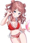  1girl absurdres ball beachball bikini blue_eyes breasts brown_hair cleavage collarbone commentary_request frilled_bikini frills gakuen_idolmaster grin hanami_saki highres idolmaster large_breasts long_hair looking_at_viewer navel niban_(puka_0507) red_bikini simple_background sitting smile solo stomach swimsuit thigh_gap two_side_up white_background 