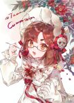  1girl artist_name black-framed_eyewear blood blood_on_clothes blush bonnet bow bowtie brown_eyes brown_hair cannibalism commission curtained_hair dress eating flower fork glasses hands_up heart_(organ) highres holding holding_fork long_sleeves looking_at_viewer mihuashi_commission mole mole_under_eye open_mouth original parted_bangs photoshop_(medium) plant red_bow red_bowtie red_flower semi-rimless_eyewear skull smile solo tamao_(xiabeizi_xiang_xue_mofa) under-rim_eyewear upper_body white_background white_bonnet white_dress 