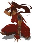  1girl absurdres arm_guards armor black_hair bodysuit breasts curtained_hair fingerless_gloves floating_hair forehead gloves hair_between_eyes high_ponytail highres holding holding_sword holding_weapon impossible_bodysuit impossible_clothes kin_machina large_breasts long_hair_between_eyes looking_to_the_side ninja parted_lips ponytail red_bodysuit sandals scabbard shade sheath shoulder_armor skin_tight sleeveless sleeveless_bodysuit solo soulcalibur squatting superhero_landing sword sword_on_back taki_(soulcalibur) teeth tight_clothes unsheathing weapon weapon_on_back white_background 