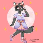  1:1 2021 anthro artist_name bent_arm bent_leg black_body black_eyebrows black_fur black_hair black_tail blue_clothing blue_dress breasts button_(fastener) cankefh claws clothed clothed_anthro clothed_female clothing colored digital_drawing_(artwork) digital_media_(artwork) domestic_cat dress ear_bow english_description eyebrows eyelashes felid feline felis female female_anthro finger_claws fluffy fluffy_tail footwear full-length_portrait fur gesture hair hand_gesture hand_pawpads hi_res light lighting looking_at_viewer mammal molly_(cankefh) multicolored_body multicolored_fur outline pawpads pink_background pink_bow pink_pawpads pink_tongue portrait pose purple_clothing purple_footwear purple_shoes red_eyes red_nose shaded shoes short_hair simple_background smile smiling_at_viewer solo sparkles standing straight_arm straight_leg tail text tongue v_sign whisker_spots white_claws white_inner_ear white_outline 