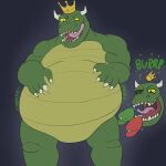  anthro belly big_belly burping burping_up_clothing burping_up_object crown green_body headgear hi_res horn king_koopa male male_pred mario_bros nintendo reptile rumbling_stomach same_size_vore scalie sharp_teeth teeth theperpetualsad tongue vore 