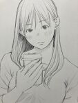  1girl blush choppy_bangs closed_mouth commentary_request cup disposable_coffee_cup disposable_cup greyscale hair_over_shoulder hand_up highres holding holding_cup lineart long_hair long_sleeves looking_at_viewer monochrome original pen_(medium) shirt sketch solo straight_hair traditional_media upper_body yoshimizm 