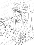  1girl butterfly_hair_ornament closed_mouth clothing_cutout commentary_request crossed_bangs driving fingerless_gloves glove_cutout gloves greyscale hair_between_eyes hair_ears hair_ornament highres jewelry light_smile lineart long_hair maria_cadenzavna_eve monochrome motion_lines nbg067149991176 necklace pendant right-hand_drive seatbelt senki_zesshou_symphogear shorts sitting solo steering_wheel upper_body wavy_sidelocks 