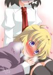  2girls black_skirt black_thighhighs blonde_hair blue_eyes blush bow brown_hair collared_dress commentary_request dated dress eyes_out_of_frame hair_bow head_out_of_frame heart heart-shaped_pupils kikkawa_(citrus_fruits) lap_pillow long_sleeves maribel_hearn medium_hair missing_headwear multiple_girls necktie open_mouth pink_background purple_dress red_necktie shaded_face sitting skirt smile sweat symbol-shaped_pupils thighhighs touhou usami_renko yuri 
