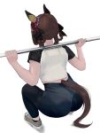  1girl absurdres animal_ears ass biceps black_leggings braid braided_hair_rings brown_hair brown_tail commentary_request ear_covers exercising from_behind gentildonna_(umamusume) hair_rings heart_ear_ornament highres horse_ears horse_girl horse_tail leggings long_hair midriff shirt short_sleeves simple_background solo squatting tail umainu_2002 umamusume weightlifting white_background white_shirt 