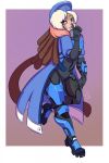  2017 4_fingers ana_(overwatch) anthro beret biped blue_clothing boots border breasts brown_hair brown_skin brown_tail clothed clothing cosplay digital_drawing_(artwork) digital_media_(artwork) dreadlocks eyebrows eyelashes facial_piercing female footwear freckles full-length_portrait fully_clothed gesture gradient_background hair hand_on_leg hat hi_res lavypandyworks lighting lip_piercing long_hair long_tail looking_at_viewer machine mammal monkey multicolored_hair multicolored_skin muzzle_(marking) nea_(feygrace) on_one_leg open_clothing open_mouth open_smile orange_eyes outside_border overwatch piercing pink_background pink_hair pink_lips portrait pose power_armor primate purple_background shadow shh simple_background small_breasts smile snakebite_piercing solo standing suspended_in_midair tan_skin trenchcoat two_tone_skin video_games white_border white_hair 