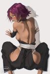  1girl absurdres all_fours ass back backless_outfit bare_back black_bridal_gauntlets black_hakama bleach breasts bridal_gauntlets clothing_cutout commentary dark-skinned_female dark_skin english_commentary from_above hakama highres hip_vent izei1337 japanese_clothes large_breasts looking_at_viewer median_furrow panties panty_straps purple_hair shihouin_yoruichi short_hair shoulder_blades sideboob sideless_outfit simple_background solo underwear white_background white_panties yellow_eyes 