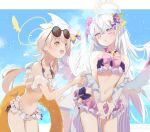  2girls azusa_(blue_archive) azusa_(swimsuit)_(blue_archive) bag beach bikini blue_archive breasts brown_eyes brown_hair collarbone commentary_request day eyewear_on_head feathered_wings halo hifumi_(blue_archive) hifumi_(swimsuit)_(blue_archive) holding holding_swim_ring kurenai_no_hikou-tei long_hair looking_at_viewer multiple_girls navel ocean official_alternate_costume open_mouth outdoors pink_hair purple_eyes round_eyewear ruffle_bikini sky small_breasts smile stomach sunglasses swim_ring swimsuit twintails v very_long_hair water white_bikini white_hair white_wings wings yellow_halo 