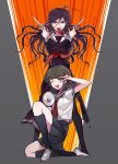  16_(0xhsk16) 2girls ahoge blue_eyes blue_sailor_collar blue_skirt blue_socks breast_pocket collarbone collared_shirt danganronpa_(series) danganronpa_another_episode:_ultra_despair_girls eyelashes fukawa_toko genocider_sho glint green_eyes green_hair hair_between_eyes highres holding holding_megaphone holding_scissors holding_weapon kneehighs legs_apart long_hair long_skirt long_sleeves long_tongue megaphone mole mole_under_mouth multiple_girls naegi_komaru neckerchief necktie on_one_knee open_mouth pocket purple_hair purple_serafuku purple_shirt purple_skirt red_eyes red_neckerchief red_necktie sailor_collar school_uniform scissors serafuku shirt shoes short_sleeves skirt skirt_set smile socks standing teeth third-party_source tongue tongue_out torn_clothes torn_neckerchief upper_teeth_only v v_over_eye weapon white_sailor_collar white_shirt white_shoes 