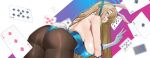  1girl absurdres animal_ears aqua_leotard ass asuna_(blue_archive) asuna_(bunny)_(blue_archive) blue_archive blue_eyes blue_halo blue_leotard breasts brown_hair card detached_collar fake_animal_ears from_behind from_below gloves grin hair_over_one_eye halo highleg highleg_leotard highres huge_breasts leotard long_hair official_alternate_costume pantyhose playboy_bunny playing_card rabbit_ears riel_(rielilu) sideboob smile solo strapless strapless_leotard v very_long_hair white_gloves 