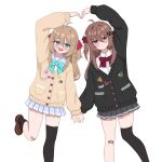  2girls absurdres ahoge aqua_bow aqua_bowtie asymmetrical_legwear bandaid bandaid_on_knee bandaid_on_leg black_cardigan black_skirt black_socks black_thighhighs blue_eyes blue_sailor_collar blue_skirt blush bow bowtie broken_heart brown_hair brown_shoes cardigan closed_mouth commentary english_commentary evil_neuro-sama evil_neuro-sama_(1st_costume) feet_out_of_frame hair_between_eyes hair_ornament hair_ribbon hand_grab heart heart_arms heart_arms_duo heart_hands highres hororin leg_up loafers long_hair long_sleeves looking_at_viewer miniskirt multiple_girls neuro-sama neuro-sama_(1st_costume) open_mouth pleated_skirt red_bow red_bowtie red_eyes red_ribbon ribbon sailor_collar shoes siblings simple_background single_sock single_thighhigh sisters skirt skull_hair_ornament socks standing standing_on_one_leg thighhighs twins two_side_up uneven_legwear vedal_ai virtual_youtuber white_background yellow_cardigan 