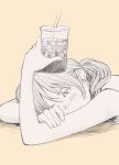  1girl absurdres bare_arms blush commentary_request condensation cup cup_on_head disposable_cup drink drinking_straw from_side highres hot ice ice_cube looking_at_viewer looking_to_the_side lying medium_hair on_stomach original pen_(medium) portrait simple_background solo traditional_media water_drop yellow_background yoshimizm 