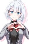  1girl black_shirt blue_eyes blush bow bowtie breasts closed_mouth collared_shirt commentary_request grey_jacket hair_ornament hairclip heart heart_hands highres jacket long_sleeves looking_at_viewer medium_breasts miyuki_kotori open_clothes open_jacket parallel_hairclips portrait red_bow red_bowtie shirt short_hair siesta_(tantei_wa_mou_shindeiru) simple_background smile solo tantei_wa_mou_shindeiru upper_body white_background white_hair x_hair_ornament 
