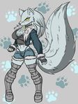  anthro big_breasts big_tail boots breasts canine claws clothed clothing collar female footwear fur glare gloves grey_fur hair jacket long_hair looking_at_viewer mammal pawprint pigeon_toed scar shorts simple_background solo standing thong tophattyranosaurusrex_(artist) underwear velvela wolf yellow_eyes 