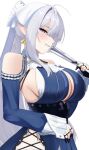  1girl 4kebidayo ascot bare_shoulders blue_dress blush breasts cleavage clothing_cutout commentary_request dress grey_hair hair_over_one_eye hand_fan holding holding_fan large_breasts long_hair looking_at_viewer mole mole_under_mouth pointy_ears purple_eyes shoulder_cutout simple_background smile solo upper_body velina_airgid white_background zenless_zone_zero 