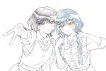  2girls bang_dream! bang_dream!_it's_mygo!!!!! blue_hair blush bow bowtie braid brown_eyes closed_mouth commentary dress_shirt grey_hair gyaru gyaru_v hair_bow long_hair looking_at_viewer multiple_girls open_mouth pointing pointing_at_self pokoroo09637184 shirt short_hair simple_background sweater_vest takamatsu_tomori togawa_sakiko twin_braids untranslatable_commentary upper_body v white_background yellow_eyes 
