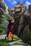  2026 amara_excavar anthro ashesdrawn autumn_colors belly biped black_markings breasts chain_necklace chimera digitigrade ear_piercing elemental_creature enfield evergreen_tree feathered_wings feathers feral fur furry_tail green_eyes hi_res jewelry macro mammal markings mineral_fauna mountain multicolored_body multicolored_feathers multicolored_fur necklace pendant piercing pine_tree plant quadruped red_back red_body red_fur river rock rock_creature small_breasts snow tail tree wings yellow_belly yellow_body yellow_chest yellow_fur 