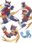  1boy absurdres android armor black_eyes black_gloves blonde_hair energy_sword fingerless_gloves forehead_jewel gloves helmet highres holding holding_sword holding_weapon long_hair male_focus mega_man_(series) mega_man_zero_(series) omochi_(mochi_skymega) red_armor red_helmet simple_background solo sword weapon white_background z_saber zero(z)_(mega_man) zero_(mega_man) 