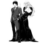  1boy 1girl adventurer_(ff14) affectionate alternate_costume beard_stubble black_dress black_hair braid breasts cleavage commentary cosplay disembodied_hand dress east-west_crossover english_commentary facial_hair final_fantasy final_fantasy_xiv full_body gomez_addams gomez_addams_(cosplay) greyscale half_updo huge_breasts hyur impossible_clothes impossible_dress jamjamstyle leaning_forward lips long_dress long_hair long_sleeves looking_at_another looking_at_viewer mature_female mature_male monochrome morticia_addams morticia_addams_(cosplay) necktie pants parted_lips pinstripe_jacket pinstripe_pants pinstripe_pattern pinstripe_suit profile severed_hand shirt short_hair simple_background single_braid smile standing striped_clothes stubble suit the_addams_family thing_(the_addams_family) venat_(ff14) warrior_of_light_(ff14) wavy_hair white_background white_hair white_shirt 