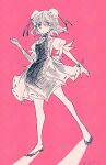  1girl bandaged_arm bandages bun_cover double_bun flower full_body hair_bun ibaraki_kasen itomugi-kun medium_hair monochrome pink_background puffy_short_sleeves puffy_sleeves ribbon-trimmed_skirt ribbon_trim rose shirt shoes short_sleeves solo tabard touhou 