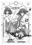  1girl absurdres alternate_hairstyle bandaged_arm bandages blush bow closed_mouth collared_shirt commentary_request cosplay crescent detached_sleeves double_bun flower gap_(touhou) glasses gohei hair_bow hair_bun hands_on_own_cheeks hands_on_own_face hat hat_ribbon highres holding holding_gohei ibaraki_kasen ibaraki_kasen_(cosplay) kochiya_sanae kochiya_sanae_(cosplay) kuronon long_sleeves mob_cap monochrome multiple_persona nontraditional_miko open_mouth panda planet ribbon rose shirt shoes skirt sleeve_garter smile socks sparkle sun_symbol tabard touhou translation_request usami_sumireko white_background wrist_cuffs yakumo_yukari yakumo_yukari_(cosplay) 
