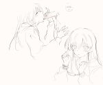  2girls absurdres blush cho_kaguya-hime! closed_mouth commentary cuffs full_body futa_with_female futanari greyscale handcuffs highres hood hood_down hoodie long_hair long_sleeves monochrome multiple_girls nishiyos non-web_source penis protected_link runami_yachiyo sakayori_iroha sidelocks simple_background spot_color white_background 