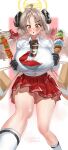  1girl absurdres ahoge black_horns blue_archive breasts collared_shirt commentary cup curled_horns demon_horns disposable_coffee_cup disposable_cup drinking_straw food grey_hair hair_ornament hairclip halo highres holding holding_food holding_ice_cream holding_ice_cream_cone holding_skewer horns ice_cream ice_cream_cone izumi_(blue_archive) large_breasts long_hair meat multiple_scoops necktie object_on_breast open_mouth red_necktie red_skirt shangdi_de_fa_zhang shirt skewer skirt socks twintails white_shirt white_socks 