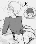  2boys anal angel angemon bar_censor blush bottomless breath censored closed_eyes covered_eyes digimon digimon_(creature) digimon_adventure_02 greyscale hand_on_another's_hip heart helmet highres interspecies long_hair male_focus monochrome multiple_boys on_bed penis profile protected_link sex shirt simple_background speech_bubble takaishi_takeru white_background yaoi yataba 