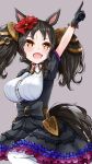  +_+ 1girl absurdres animal_ears black_gloves black_hair breasts brown_eyes center_frills dress fang frills gloves grey_background hair_ornament highres horse_ears horse_girl horse_tail index_finger_raised large_breasts marvelous_sunday_(kira_doki_waku_mabe)_(umamusume) marvelous_sunday_(umamusume) open_mouth pointing pointing_up popoidraw prototype_design simple_background skin_fang smile solo tail umamusume 