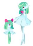  2girls colored_skin commentary_request dress elbow_gloves gardevoir gloves green_hair green_skin highres kirlia korean_commentary mega_gardevoir mega_pokemon multicolored_skin multiple_girls next_pluto pink_eyes pokemon pokemon_(creature) sidelocks simple_background two-tone_skin white_background white_dress white_gloves white_skin 