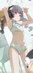  1girl absurdres bikini bird blue_archive braid commentary_request grey_halo halo hat hat_on_back highres leaf leaf_on_head leaf_print mi_kan_(1101515378) miyu_(blue_archive) miyu_(swimsuit)_(blue_archive) official_alternate_costume print_bikini seagull solo straw_hat swimsuit twin_braids white_bikini 