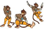  2017 5_fingers abs action_pose anthro armwear barefoot biped brown_fur brown_hair brown_tail bulge clothed clothing cosplay crouching digital_drawing_(artwork) digital_media_(artwork) dual_wielding eyewear fangs feet front_view fully_clothed fur goblintown goggles gun hair hand_behind_head hand_on_bulge hand_on_leg holding_bulge holding_leg holding_object holding_weapon humanoid_feet humanoid_hands jumping light_skin long_tail looking_aside looking_away looking_back male mammal monkey multiple_poses muscular muscular_male open_mouth open_smile overwatch pants pecs penis_outline plantigrade pose primate raised_arm ranged_weapon rolled_up_sleeves shirt simple_background smile smirk smug soles solo spread_legs spreading stretching suspended_in_midair tan_skin tracer_(overwatch) video_games weapon white_background wide_stance 