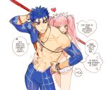  1boy 1girl abs bikini blue_hair blush bracelet cowboy_shot cu_chulainn_(fate) detached_sleeves earrings g0ringo heart hug hug_from_behind jewelry korean_text long_hair medb_(fate) nagatekkou open_mouth pink_hair red_eyes short_hair simple_background single_detached_sleeve smile speech_bubble sweatdrop swimsuit tattoo toned toned_male translation_request twintails white_background yellow_eyes 