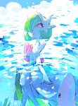  1girl 1other bob_cut colored_skin commentary dress elbow_gloves gardevoir gloves green_hair hair_over_one_eye in_water looking_at_viewer luvdisc mega_gardevoir mega_pokemon pink_eyes pokemon pokemon_(creature) raine_(acke2445) smile untranslatable_commentary water white_dress white_gloves white_skin 