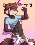  5_fingers ambiguous_gender animal_genitalia black_fur blush briefs brown_fur brown_hair clothing cub disembodied_hand drychicken fur grope hair male male/ambiguous mammal purple_eyes red_panda sheath standing underwear undressing young 