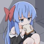 1girl akagyogun black_jacket blue_eyes blue_hair bow bread bread_slice bruise bruise_on_face bruise_on_leg bruise_on_shoulder commentary empty_eyes food hair_bow holding_hood injury jacket long_hair long_sidelocks noyami_(akagyogun) original rape red_bow sidelocks solo undressing untranslatable_commentary 
