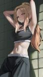  1girl absurdres akamin435 arms_behind_head arms_up black_pants black_sports_bra blonde_hair blue_eyes breasts cleavage commentary_request gakuen_idolmaster high_ponytail highres idolmaster juo_sena large_breasts long_hair looking_at_viewer navel pants ponytail smile solo sports_bra sportswear stomach sweatpants tile_wall tiles 