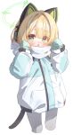  1girl 404net absurdres animal_ear_headphones animal_ears aqua_coat aqua_mittens black_tail blonde_hair blue_archive blush bow cat_ear_headphones cat_ears cat_tail chinese_commentary clenched_hands coat commentary_request cropped_legs eyes_visible_through_hair fake_animal_ears fake_tail green_bow green_eyes green_halo grey_pantyhose hair_bow halo hands_up headphones highres long_sleeves looking_at_viewer low-tied_sidelocks making-of_available medium_hair midori_(blue_archive) midori_(winter)_(blue_archive) mittens multicolored_coat nose_blush official_alternate_costume open_mouth painttool_sai_(medium) pantyhose puffy_long_sleeves puffy_sleeves scarf scarf_bow sidelocks simple_background solo tail two-tone_coat white_background white_coat white_scarf winter_clothes 