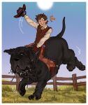  black_body black_fur bodily_fluids boots brown_hair canid canine canis clothing cowboy cowboy_boots cowboy_hat cowboy_outfit dewlap_(anatomy) domestic_dog dripping drooling duo fence feral fernsigillum floppy_ears footwear fur grass hair hat headgear headwear hi_res human jowls light_body light_skin looking_at_another male male/male mammal mastiff molosser motion_lines neapolitan_mastiff outside paws plant rex_(kingmastiff30) rodeo rodeoplay saliva saliva_drip saliva_string shoes size_difference smile sun tail wood wood_fence wrinkles 