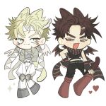  2boys :3 alternate_eye_color angel_and_devil angel_wings animal_ears battle_tendency belt black_gloves black_pants black_shirt blonde_hair boots brown_eyes brown_hair caesar_anthonio_zeppeli cat_ears cat_tail closed_mouth commentary crop_top crossed_arms demon_wings diamond_(shape) dot_nose facial_mark fake_head_wings fang fingerless_gloves full_body gloves grey_boots grey_jacket hand_on_own_hip hand_on_own_knee headband heart highres jacket jojo_no_kimyou_na_bouken joseph_joestar joseph_joestar_(young) kemonomimi_mode long_sleeves looking_at_another looking_to_the_side male_focus midriff multiple_boys navel open_mouth ore_ore_oe pants red_eyes scarf shirt short_hair sideways_glance simple_background sleeveless sleeveless_shirt spiked_hair striped_clothes striped_scarf tail thick_eyebrows v-shaped_eyebrows white_background white_pants wings 