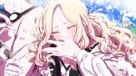  1boy 2girls ^_^ absurdres amaya_tsubame bikini black_bikini blank_eyes blonde_hair blush closed_eyes commentary_request gakuen_idolmaster goggles goggles_around_neck highres holding holding_removed_eyewear idolmaster jacket juo_sena kasasagi_(futagodori888) multicolored_hair multiple_girls pink_streaks producer_(idolmaster) smile streaked_hair sunglasses swim_goggles swimsuit unworn_eyewear white_jacket 