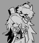  >_< 1boy 1other 1x1x1x1_(roblox) :d c00lkidd_(roblox) commentary_request cowboy_shot crown cuffs demon_horns forsaken_(roblox) greyscale hands_up horns korean_commentary long_hair monochrome open_mouth propeller_hat roblox see-through_body shackles simple_background smile very_long_hair xd yamblox 